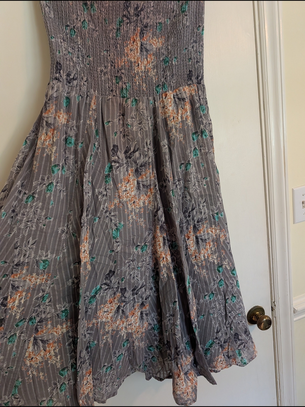 Free People Gray Floral Smocked Strapless Dress with Teal & Peach Accents - Picture 2 of 5